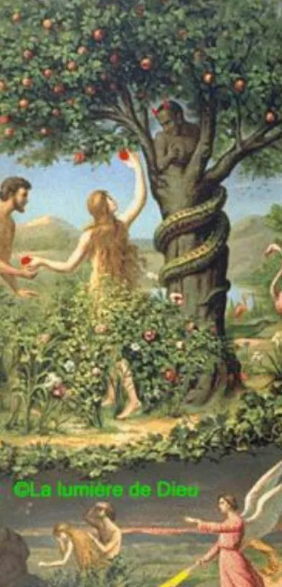 Garden of Eden featuring Adam and Eve with vivid greenery.