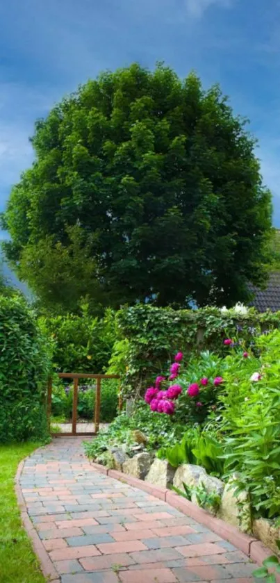 Lush green garden with pathway and clear blue sky.