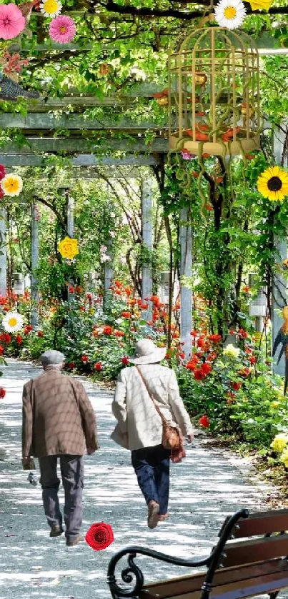 Elderly couple strolling through a green garden archway with vibrant flowers.