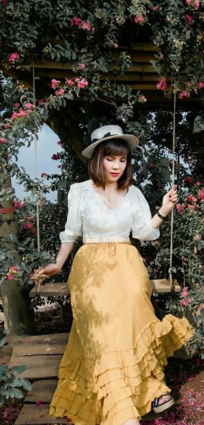 Woman on a swing in a flower garden wearing a yellow skirt.