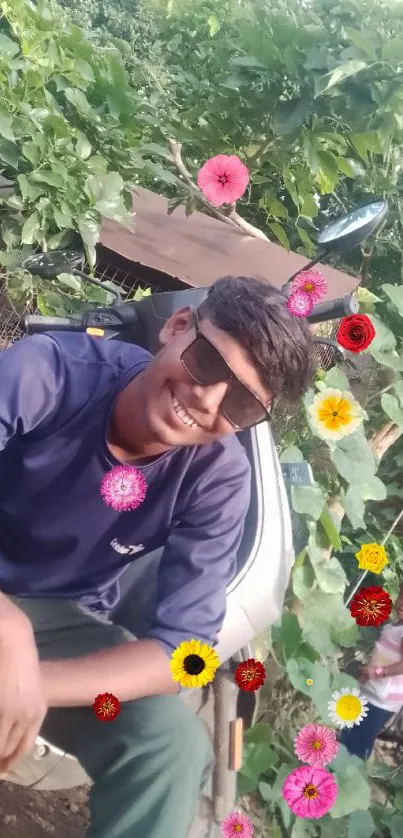 Young man smiling in garden with colorful flowers.