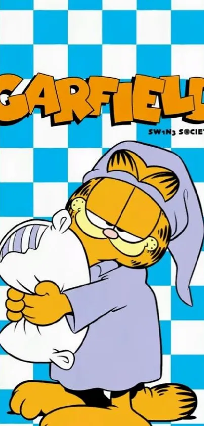 Garfield in pajamas hugging a pillow with a blue checkered background.