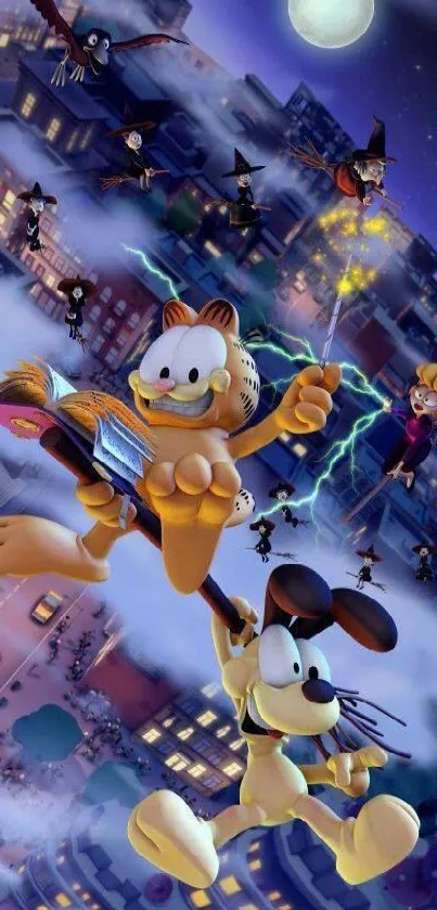 Garfield and friends fly over a magical cityscape at night.