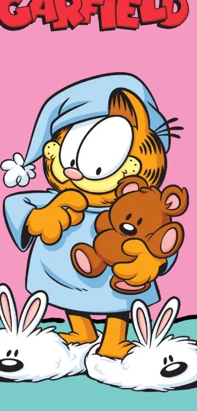 Garfield in pajamas holding a teddy bear on pink background.