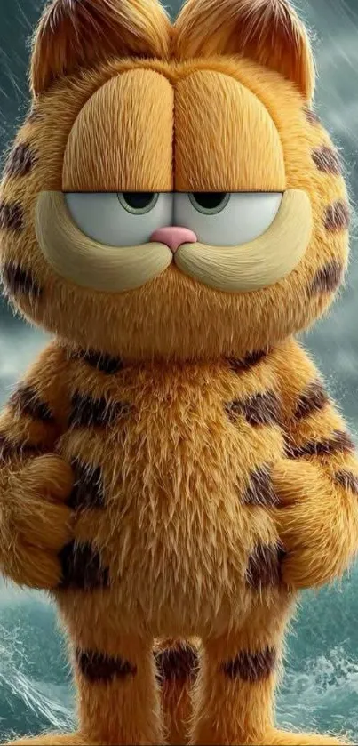 Garfield stands in the rain in this mobile wallpaper.