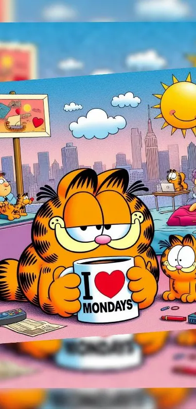 Garfield in a sunny city with I love Mondays sign.