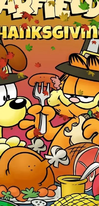 Garfield and friend celebrate Thanksgiving in a colorful cartoon wallpaper.