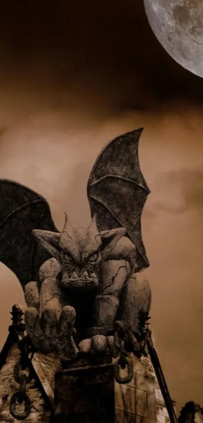 Gothic wallpaper with moonlit gargoyle against a sepia sky.