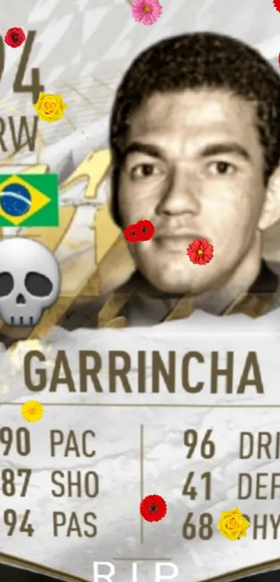 Garrincha tribute mobile wallpaper with iconic soccer stats.