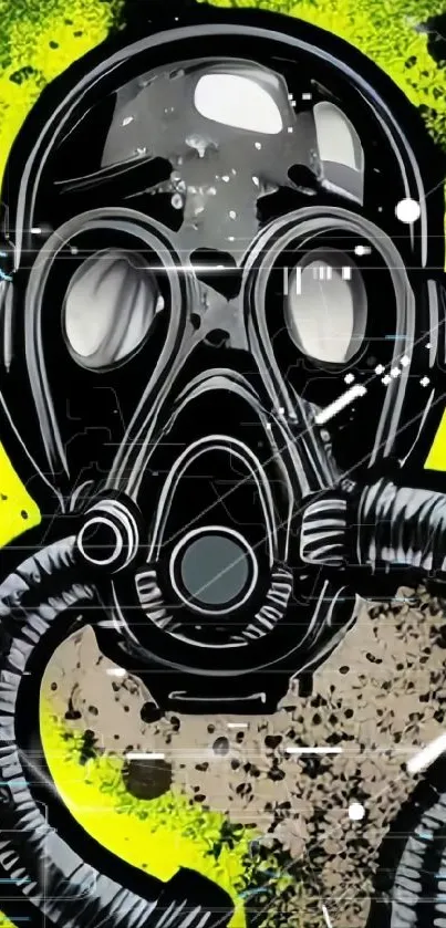 Gas mask art with vibrant green background.