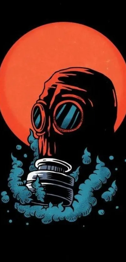 Gas mask art with red sun on dark background.