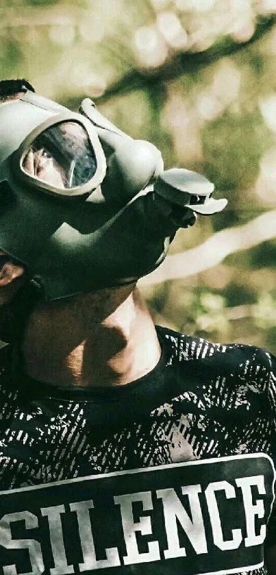 Person with gas mask in nature setting wallpaper.