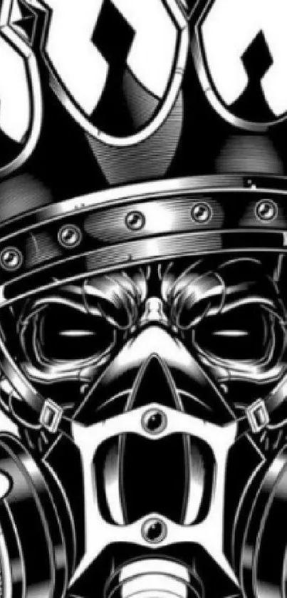 Monochrome artwork of a regal figure with a gas mask, featuring a bold and edgy design.