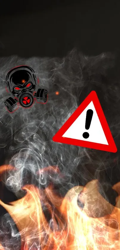 Mobile wallpaper with gasmask and fiery warning symbol.