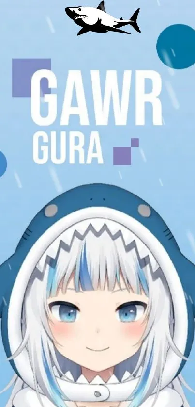 Gawr Gura in a cute shark costume with a blue themed background.