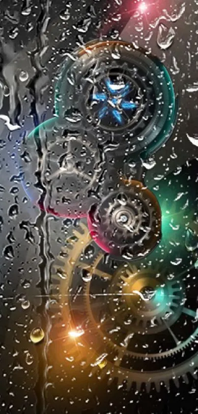 Artistic wallpaper with gears and water droplets on a black background.