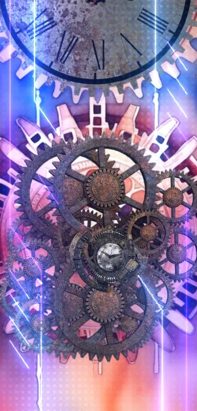 Steampunk-inspired wallpaper with gears and clock.