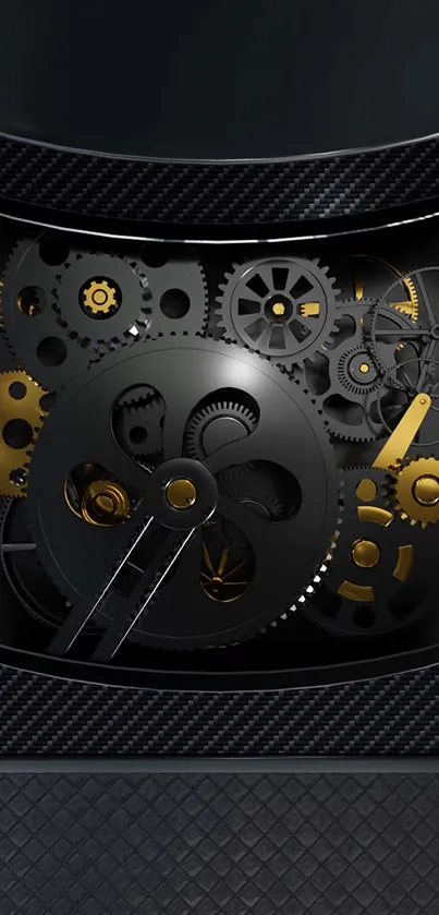 Intricate black and gold gears showcase a mechanical design on a mobile wallpaper.