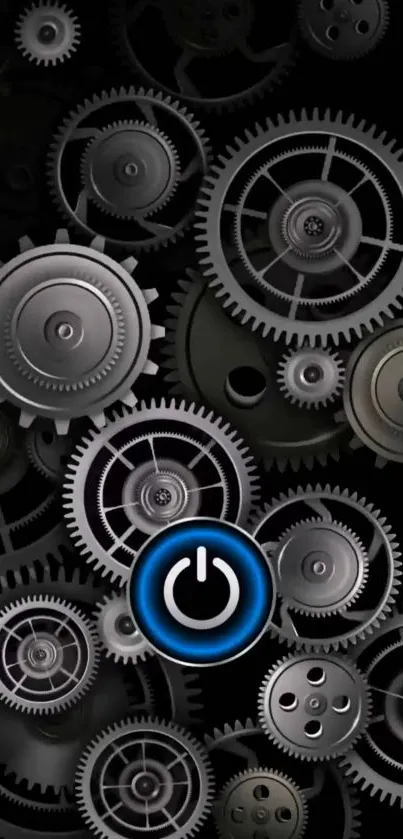 Intricate gears with a glowing blue power button set against a dark background.