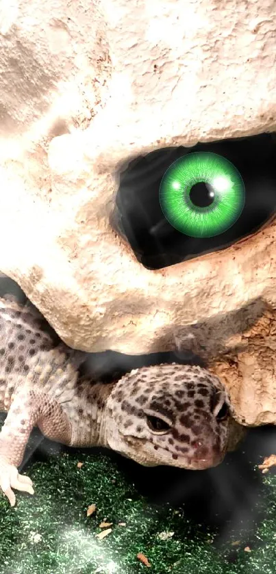 Leopard gecko beside skull with glowing green eye on textured background.