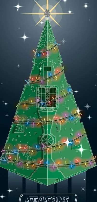 Geeky Christmas tree with circuit design and festive lights.