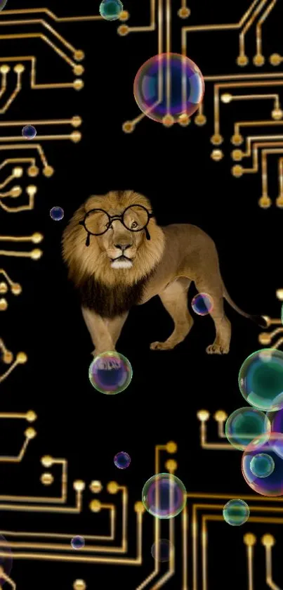 Stylish lion with glasses on circuit board background with bubbles.