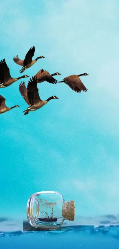 Geese fly over a ship in a bottle with a vibrant blue sky background.