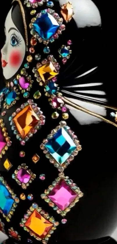 Gem-encrusted Matryoshka doll on black background with colorful jewels.
