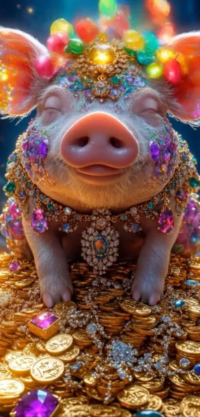 A whimsical pig adorned with gems sitting on gold coins.