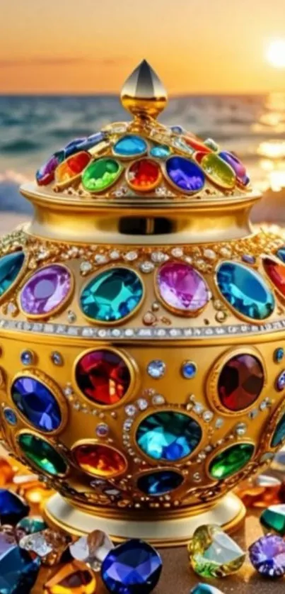 A jewel-adorned vase on a beach at sunset.