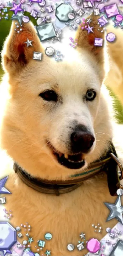 Dog with gemstone embellishments and vibrant frame.