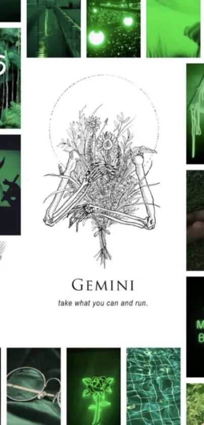 Green Gemini aesthetic collage with mystical and modern elements.