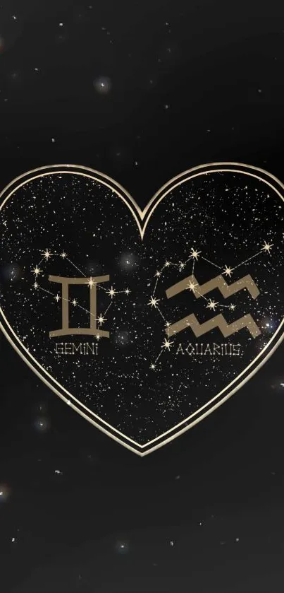 Gemini and Aquarius zodiac heart on a starry black background.