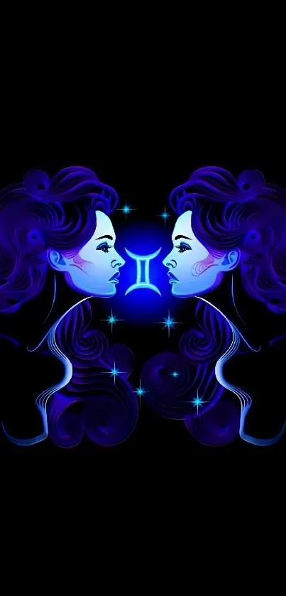 Gemini zodiac sign with dual portrait illustration on blue background.