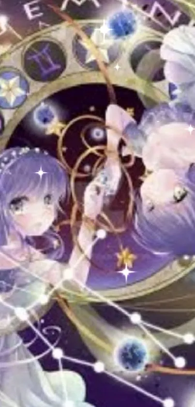 Anime Gemini twins with zodiac symbols and cosmic background in purple hues.