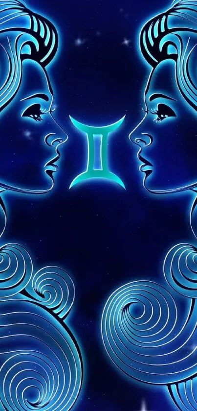 Gemini zodiac wallpaper with glowing twins on a starry blue background.