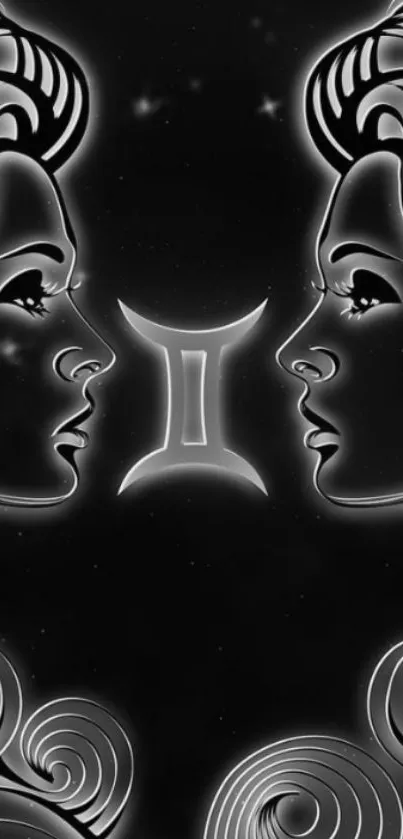 Gemini zodiac design mobile wallpaper, featuring mystical twin profiles on a black background.