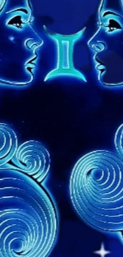 Blue Gemini zodiac wallpaper with celestial twin symbol.