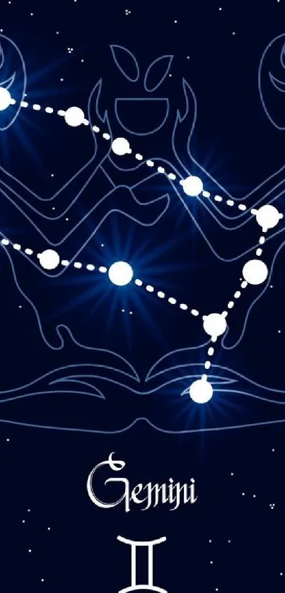 Dark blue Gemini zodiac constellation wallpaper with intricate line art.