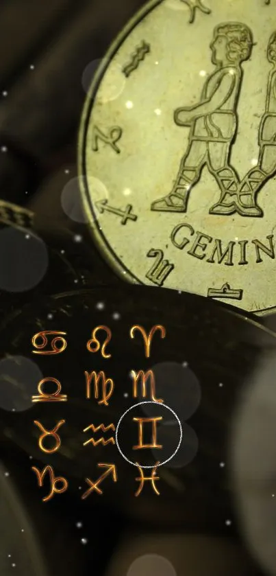 Gold Gemini zodiac symbol with astrological signs.