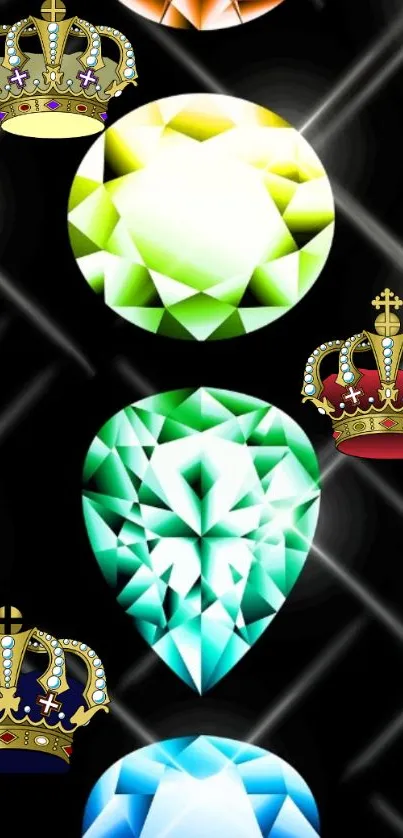 Mobile wallpaper featuring gems and crowns on a black background.