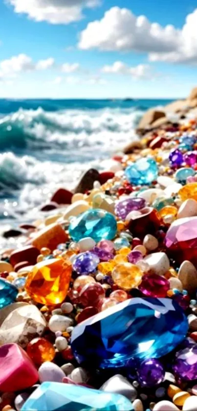 Colorful gemstones on a sunny beach with ocean waves and clouds.