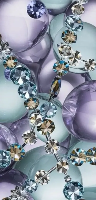 Mobile wallpaper with shiny gems on glass background.