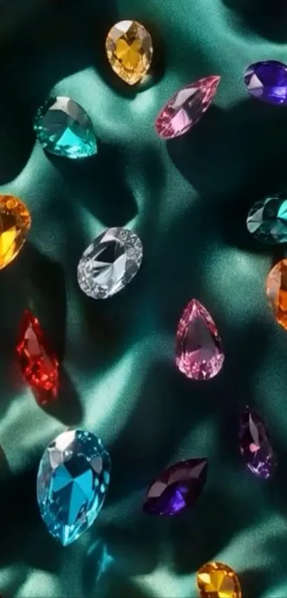 Colorful gemstones on dark satin background, mobile wallpaper.