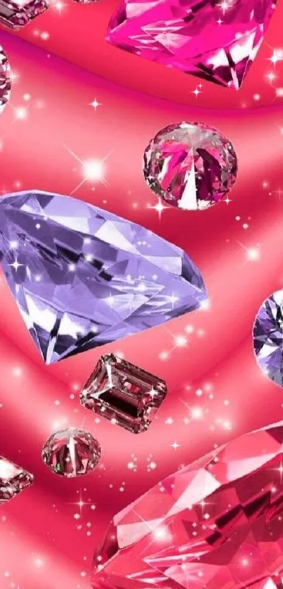 Colorful pink and purple gems on a velvet background with sparkling effects.