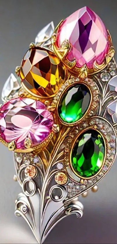 Elegant mobile wallpaper with colorful gemstones in an ornate design.