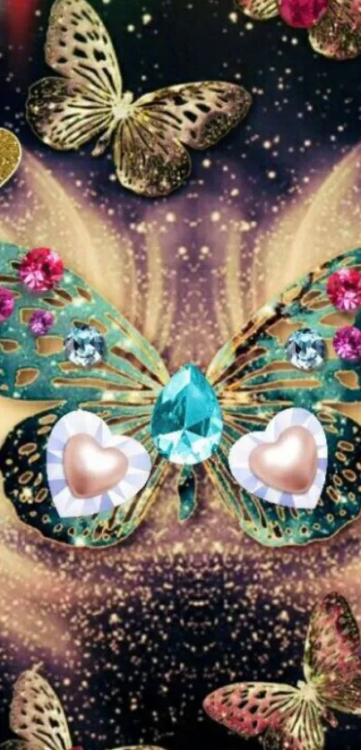 Butterfly with sparkling gemstones and hearts on a vibrant background.