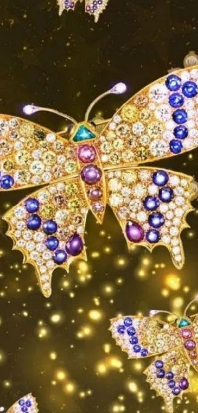 Elegant butterfly wallpaper with gemstones on a gold backdrop.