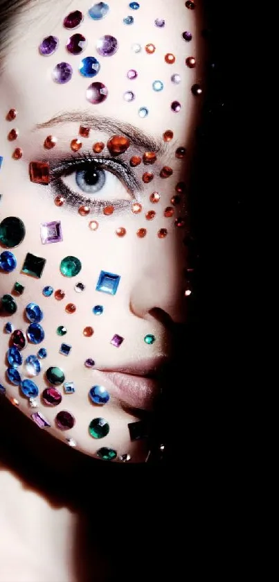 Face adorned with colorful gemstones against a dark background, artistic view.