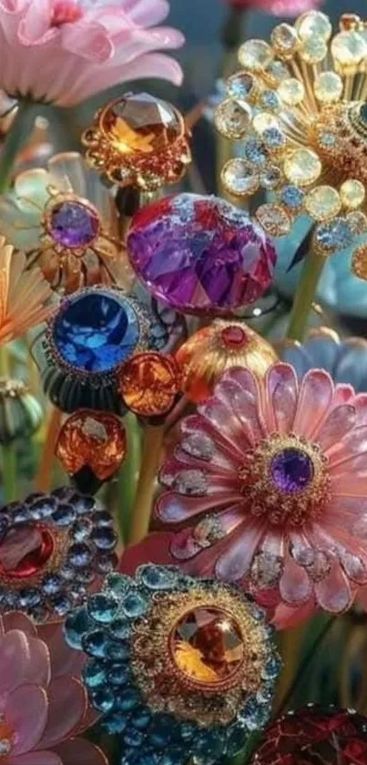 Gemstone-inspired floral fantasy wallpaper in vibrant colors.